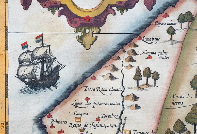 Old coloured map of Ceylon or Sri Lanka decorated with a sailing ship and decorative cartouche, by Jodocus Hondius from the Mercator Hondius Atlas, Amsterdam, 1633