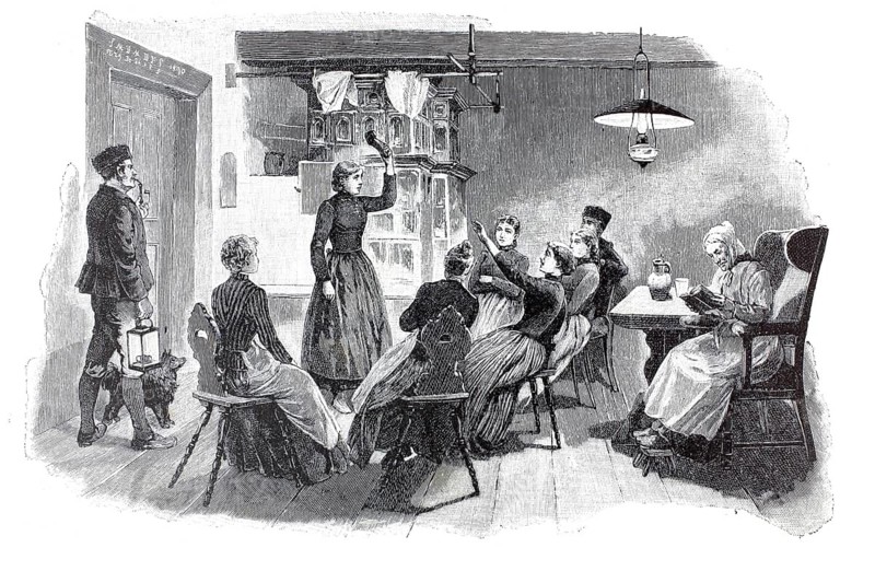 The picture dates from 1890 and shows the historical custom of throwing shoes as an oracle game, a form of playing white that was often practiced during the Twelve Nights, illustration, reproduction from a model from the 19th century. Authentic, file restored for optimal use, exact date of submission unknown, historical