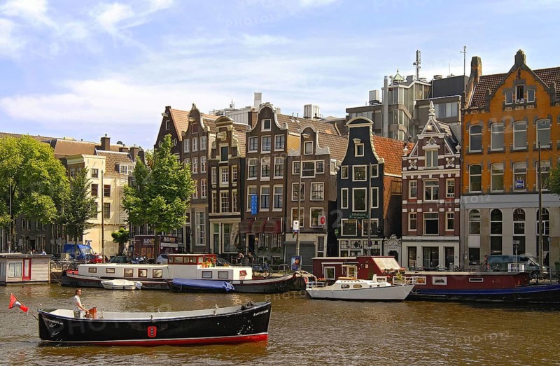 Motorboat in the Amsterdam City Canal, Canals, Netherlands, Holland