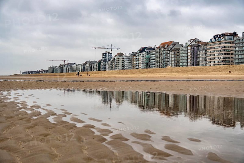 The skyline of Knokke-Heist, on the North Sea beach, dreary winter day, mostly apartment buildings with rental or condominiums, high-rise buildings on the Zeedijk-Knokke road, Belgium