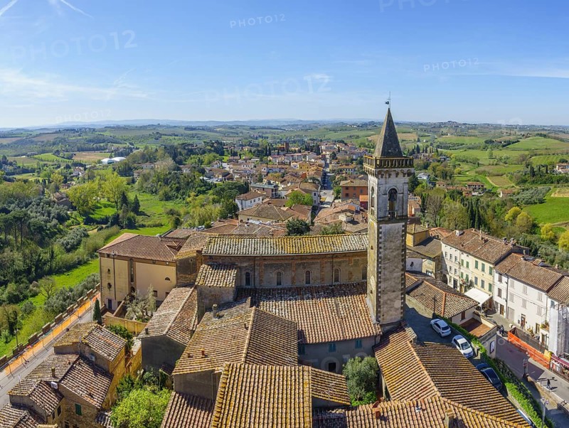 View from the tower to the church of Santa Croce, Vinci, Metropolitan City of Florence, Italy