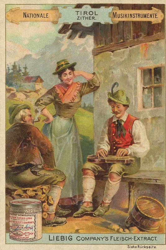 Picture series of national musical instruments, scene with the Tyrolean zither and musicians in traditional costume, picture of love, digitally restored reproduction of a collector's painting from around 1900, exact date unknown