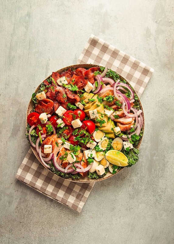Cobb salad, keto food, top view, no people, close-up