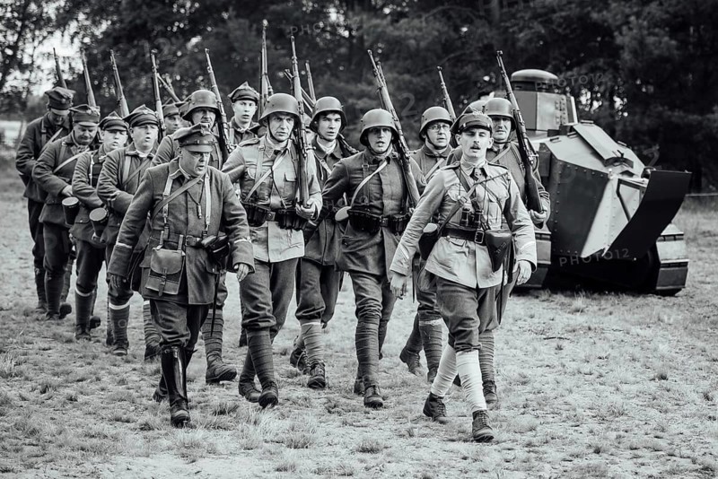 LUBIN, POLAND - AUGUST 8, 2020:, A staging of the Battle of Warsaw from 1920, in which the Polish army defeated the Bolshevik aggression. 100th anniversary of the battle. On picture Polish soldiers