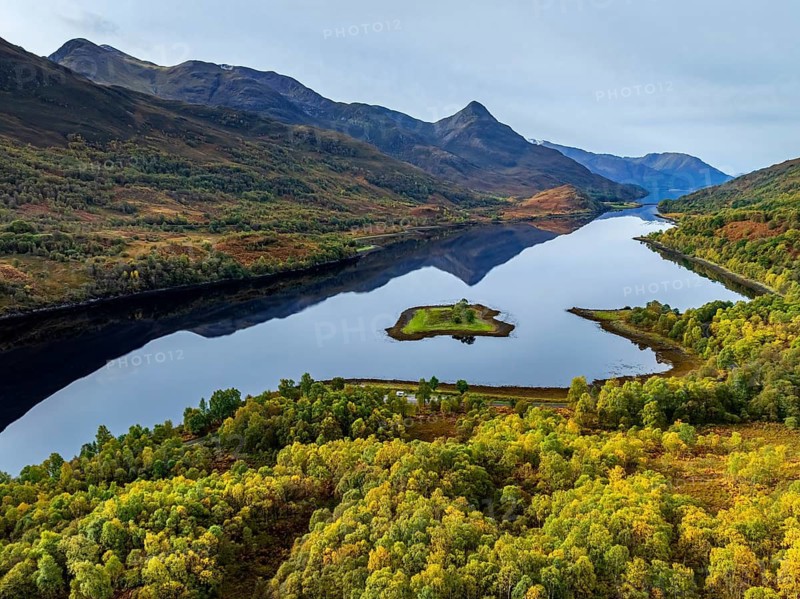 Fjord, coast, mountain landscape, reflection, island, autumn, autumn colours, aerial view, Loch Leven, Scotland, Great Britain