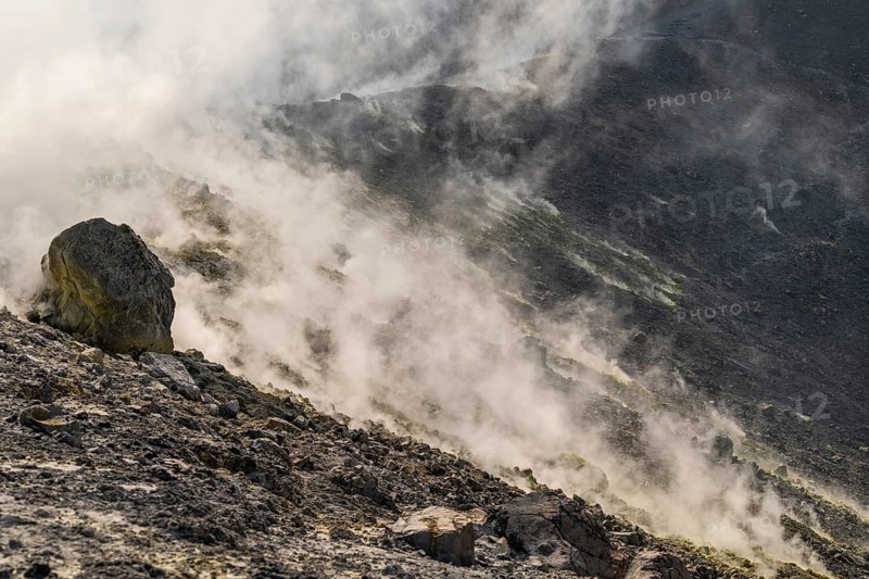 Crater rim, sulfur, sulfur vapors rise, Vulcano, Aeolian or Lipari Islands, Sicily, southern Italy, Italy