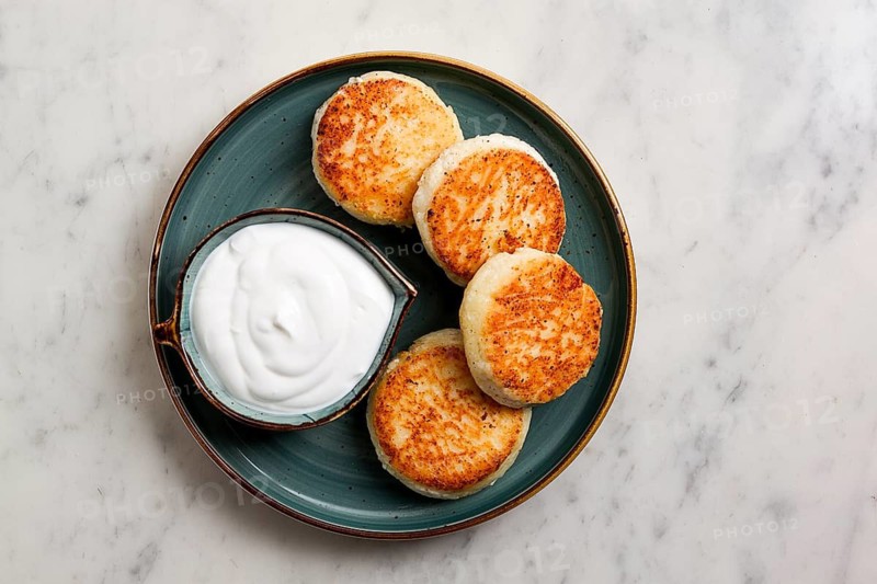 Fried, Cottage cheese pancakes, with sour cream, Cheesecakes, on a marble table, top view, no people
