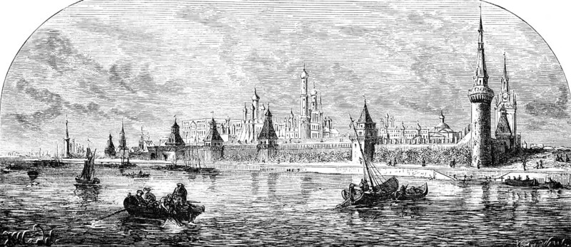 View across the Moskva River to the Kremlin in Moscow, capital with seat of government, city wall with towers, political centre, rowing boats, sailing ships, geography, Russia, historical illustration 1888