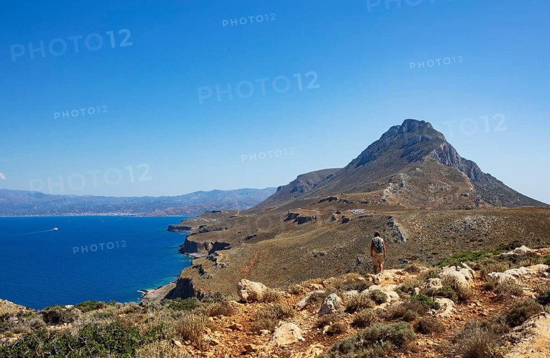 Hikers on the way to the cape of the Gramvousa peninsula, Kolimbari, West Crete, Crete, Greece
