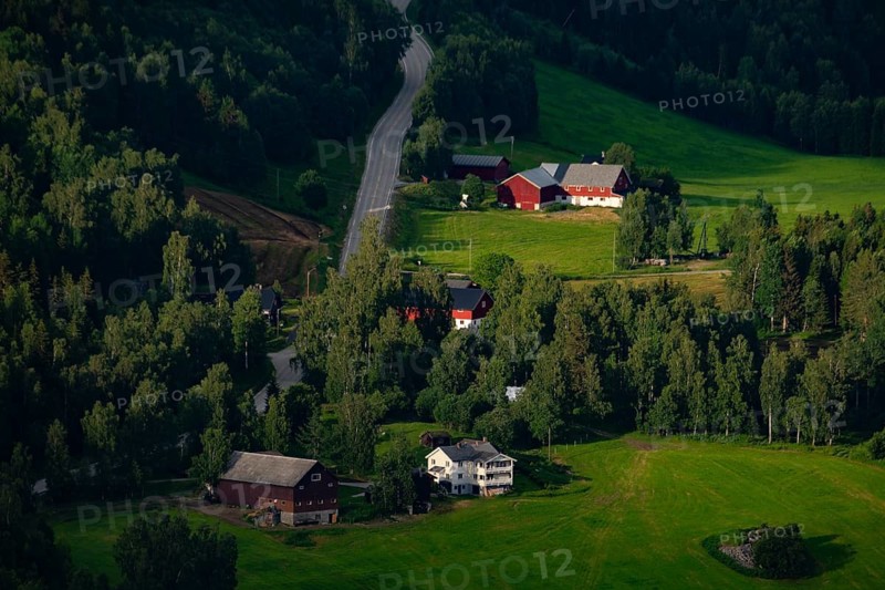 View of meadows and farms in the mountains of Gol, Hallingdal, Buskerud, Norway