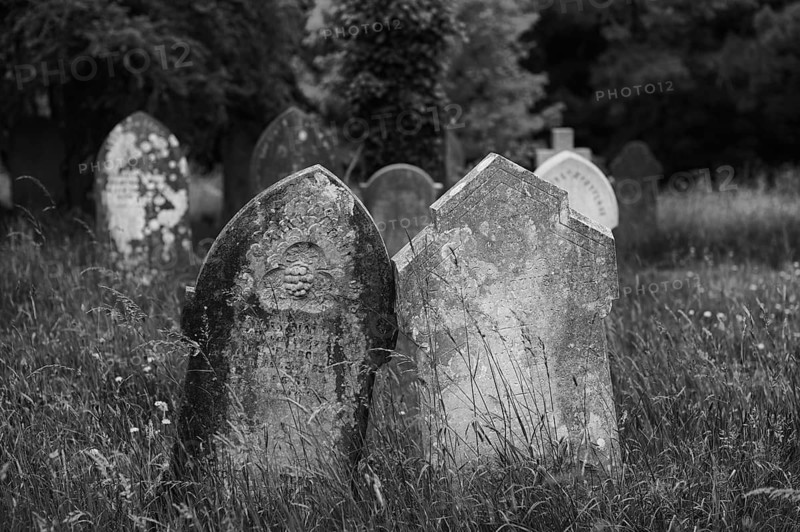 Weathered graves, headstones, municipal cemetery, Falmouth, Cornwall, black and white, England, Great Britain, Great Britain