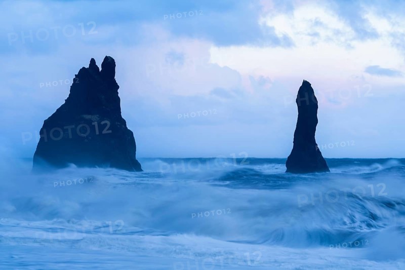 Reynisdrangar pinnacles, lava sandy beach, lava rocks, sea, waves, surf, blue hour, Vik, Iceland, Scandinavia