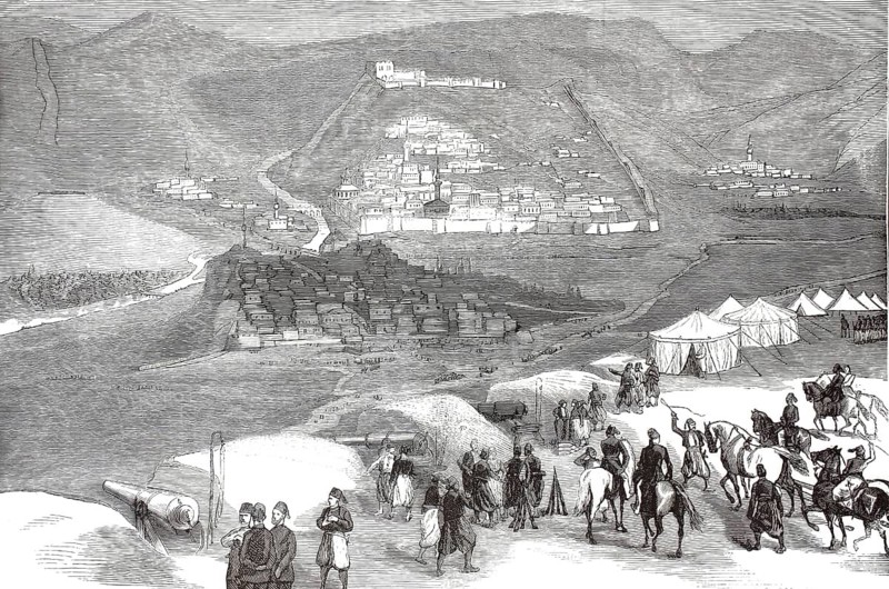 Russo-Ottoman War (1877–1878), the citadel of Kars on a steep cliff, troop movements, a military camp with tents and a gun emplacement, siege, illustration, reproduction of a 19th-century original. Authentic, file restored for optimal use, exact date of the original unknown, historical