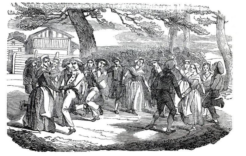 Group of people dancing a traditional Breton series dance called Dans tro or Gavotte in Brittany, France, 1880, illustration, reproduction from a 19th-century model. Authentic, file restored for optimal use, exact date of submission unknown, historical