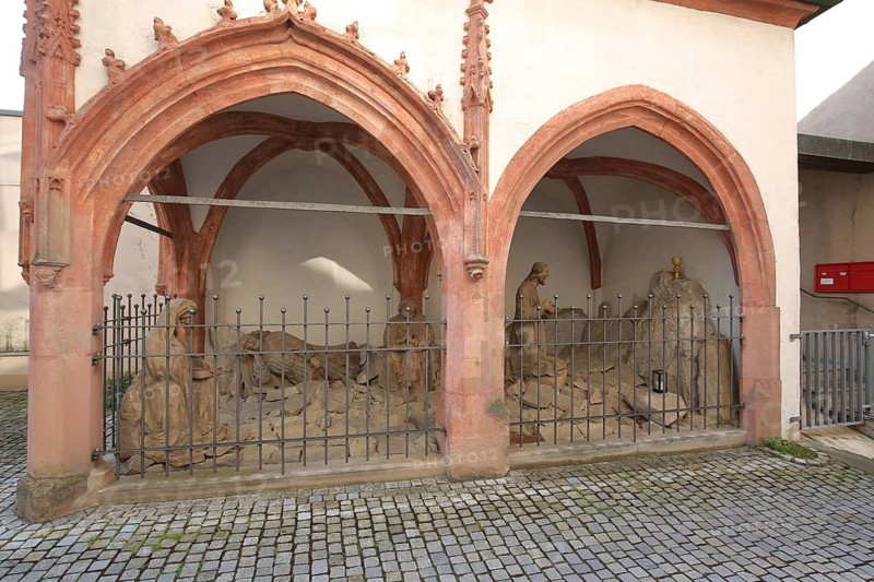 Mount of Olives, late Gothic sculptures, biblical scene, group of olives, stone sculptures, handicrafts, St. Michael and John the Baptist Church, Eltmann, Steigerwald, Lower Franconia, Bavaria, Germany