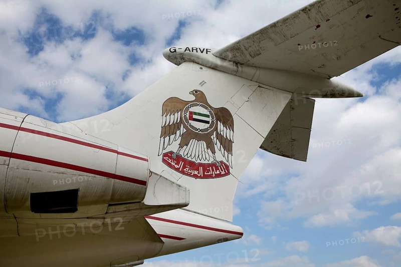 Detail of a Vickers VC10, a long-range British airliner, United Arab Emirates, UAE, Aircraft Collection near Hermeskeil, Rhineland-Palatinate, Germany, Europe, eine Vickers VC10 der British Aircraft Corporation, BAC, ein britisches Langstreckenflugzeug im Dienste der Vereinigten Arabischen Emirate, 1962, Flugausstellung bei Hermeskeil, Hunsrück, Rheinland-Pfalz, Deutschland, Europa