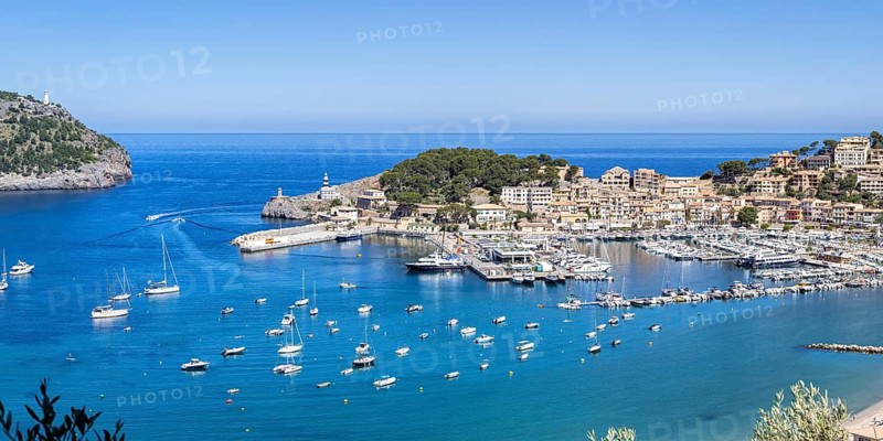 Port de Soller in Majorca from above Vacation at the sea Beach Marina with boats Travel panorama in Spain