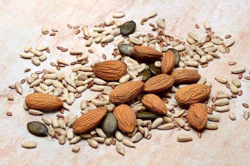 Kernels, mix of almond kernels, sunflower seeds, linseeds and pumpkin seeds