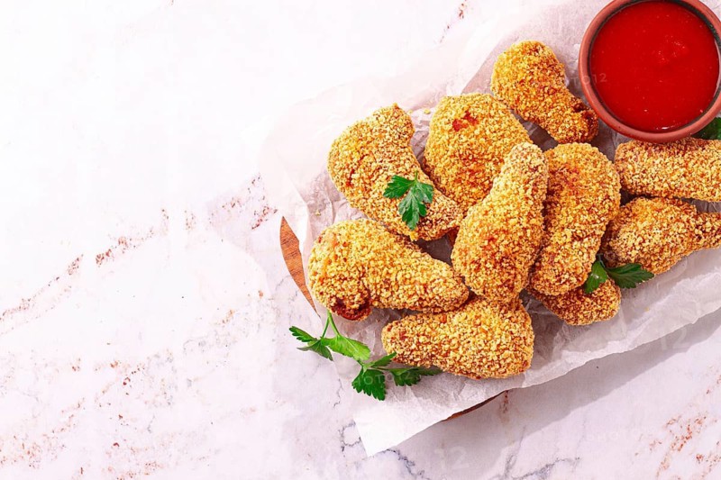 A wooden board holds several golden chicken drumsticks arranged neatly. A small bowl of red dipping sauce is nearby. Fresh parsley adds a touch of color