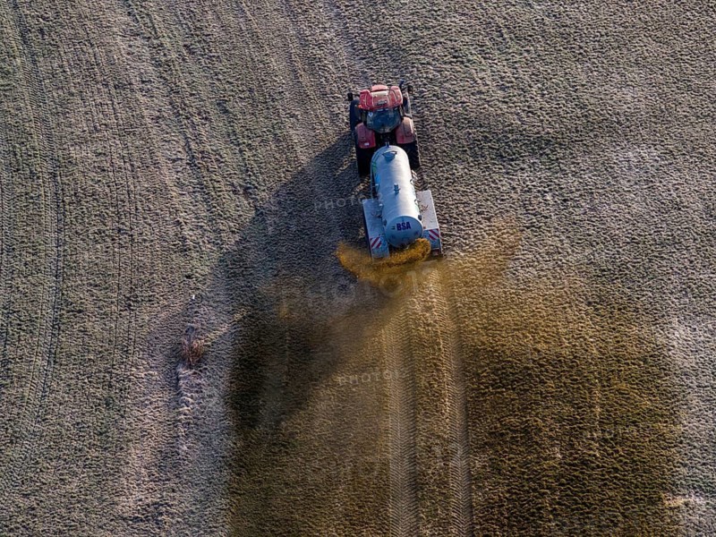 Tractor, slurry tank, manure, agriculture, aerial view, foothills of the Alps, Bavaria, Germany