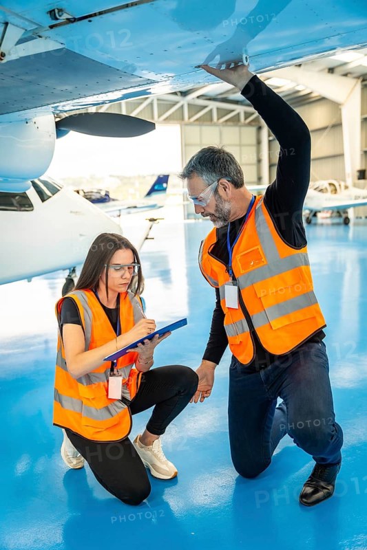 Two skilled aviation engineers collaborating on an inspection. Carefully examining a private jet's wing and recording details on a clipboard for aircraft maintenance and safety checks inside a hangar
