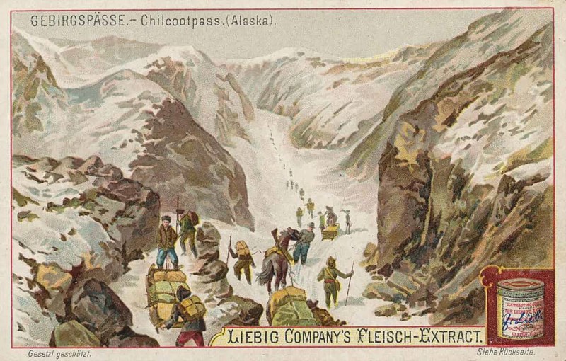 Picture series Mountain Passes, Chilkoot Pass in Alaska, Liebigbild, digitally restored reproduction of a collector's painting from around 1900, exact date unknown