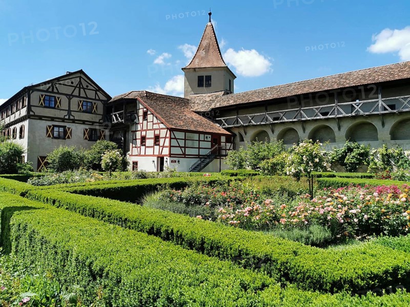 Castle Garden, Restored Towerman's House and the White Tower, Harburg Castle, Harburg, Donau-Ries District, Swabia, Bavaria, Germany