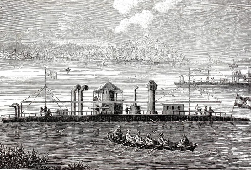 Russo-Ottoman War (1877–1878) . Ottoman river armoured vessel. Before the outbreak of the war in 1877, the Ottoman Empire had stationed a considerable fleet of modern river monitors on the Danube to secure the river border with Russia. Ships with extremely low hulls in the water, heavily armoured casemates or turrets, and distinctive, tall steam and ventilation pipes, illustration, reproduction of a 19th-century original. Authentic, file restored for optimal use, exact date of the original unknown, historical