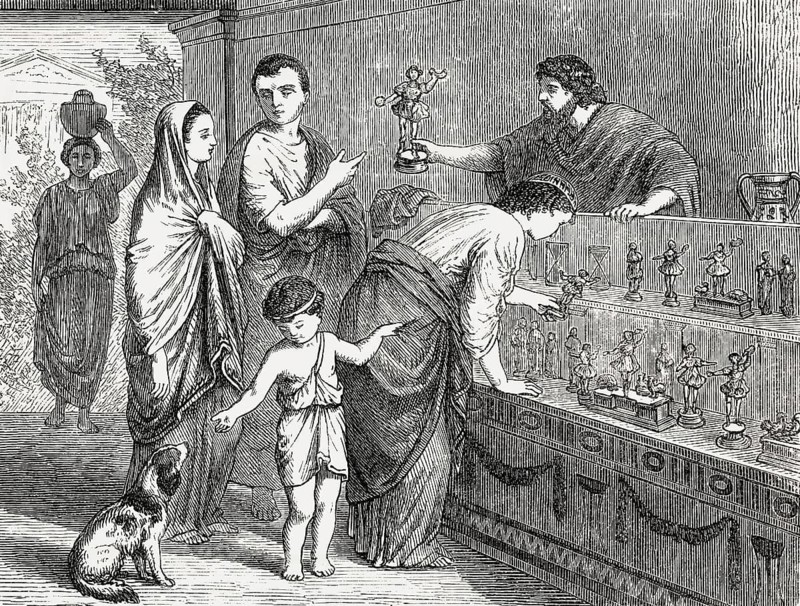 A shop selling statues of domestic Lares, guardian deities in ancient Roman religion