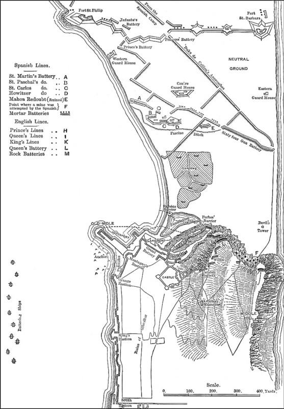 Plan of the Spanish attack on Gibraltar, Great Siege of Gibraltar, 1782, From British Battles on Land and Sea, by James Grant