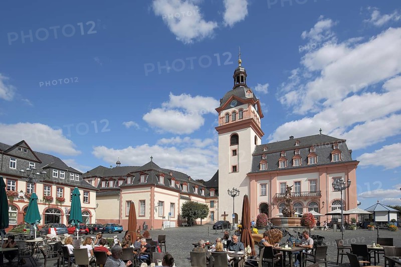 Baroque castle church and town church, street shop, market square, Weilburg, Taunus, Hesse, Germany