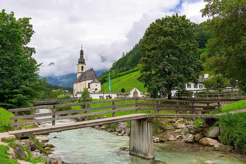 Parish church of St. Sebastian with Ramsauer Ache, rainy weather, fog, bridge, Ramsau, Berchtesgaden, Berchtesgadener Land, Upper Bavaria, Bavaria, Germany
