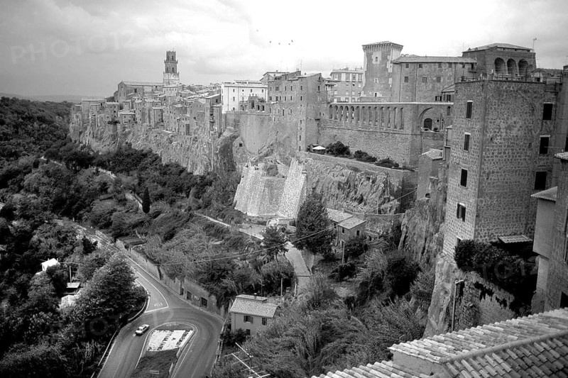 Pitigliano, ancient Etruscan town built on tuff stone, mentioned in 1061, black and white, Tuscany, Italy