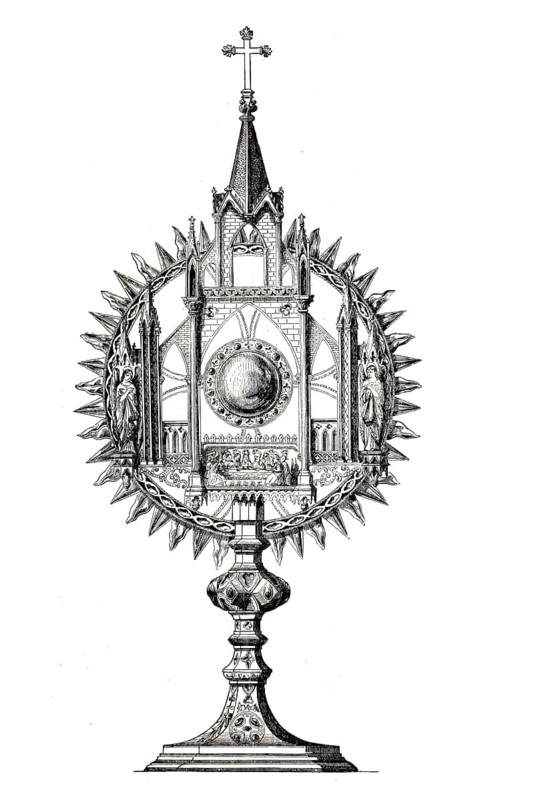 Monstrance, solar mosnstrance, a liturgical display device used in the Catholic Church. It is used to make the consecrated host, the body of Christ, visible to believers during a procession or during adoration. Originally from the parish church Église Notre-Dame-de-la-Nativité de Bercy in the 12th arrondissement of Paris, reproduction from a 19th-century model. Authentic, file restored for optimal use, exact date of submission unknown