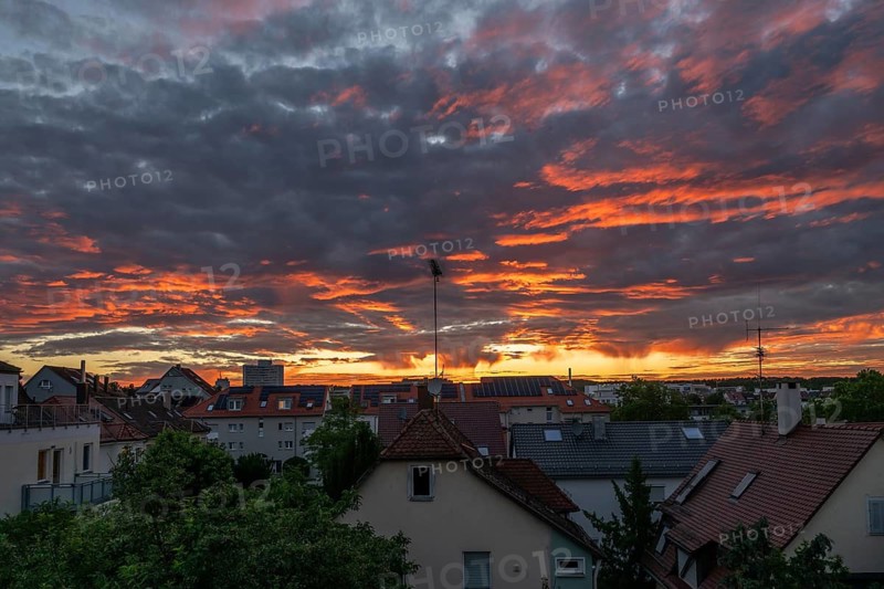 Dramatic evening sky with red clouds, Stuttgart, Baden-Württemberg, Germany
