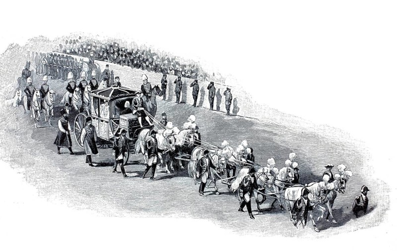 Empress Alexandra of Russia enters the Kremlin. The solemn state and procession on the occasion of the coronation of Tsar Nicholas II and his wife Alexandra Fyodorovna in Moscow in May 1896, illustration, reproduction from a 19th-century model. Authentic, file restored for optimal use, exact date of submission unknown, historical