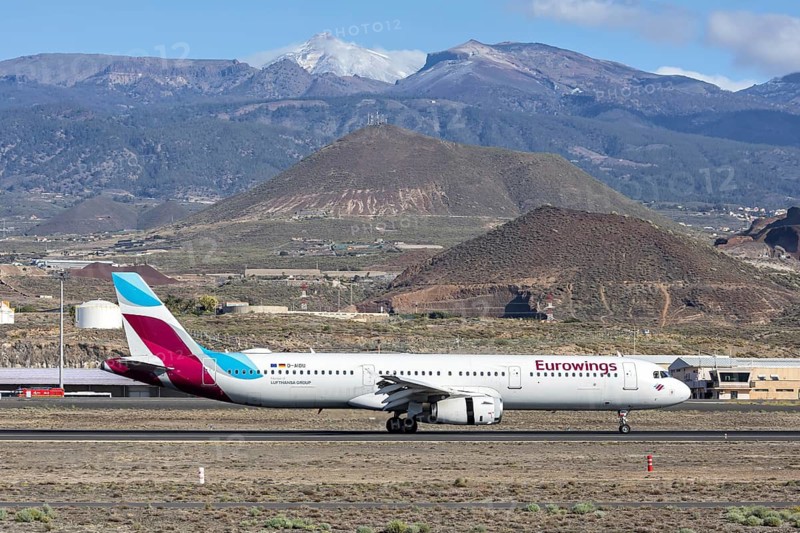 A Eurowings Airbus A321 aircraft with the D-AIDU license plate at Tenerife Airport, Spain