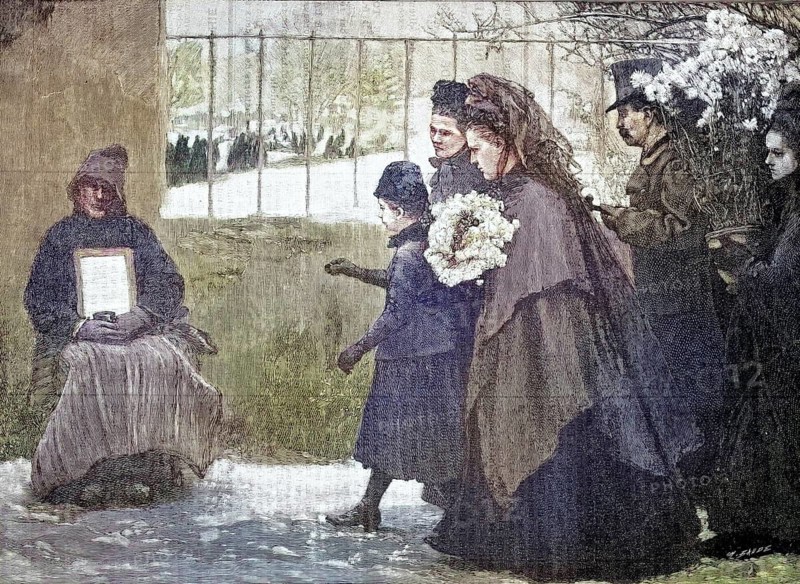 Funeral society in the Victorian era when visiting a burial ground or crypt. The focus is on a group of people wearing traditional, deep black mourning clothing. The woman wear long dresses and veils, while the men appear in dark cloaks and with cylinders. On the left side sits a figure holding a white board, presumably a beggar, reproduction from a 19th-century model. Authentic, file restored for optimal use, exact date of original unknown, nostalgically colored