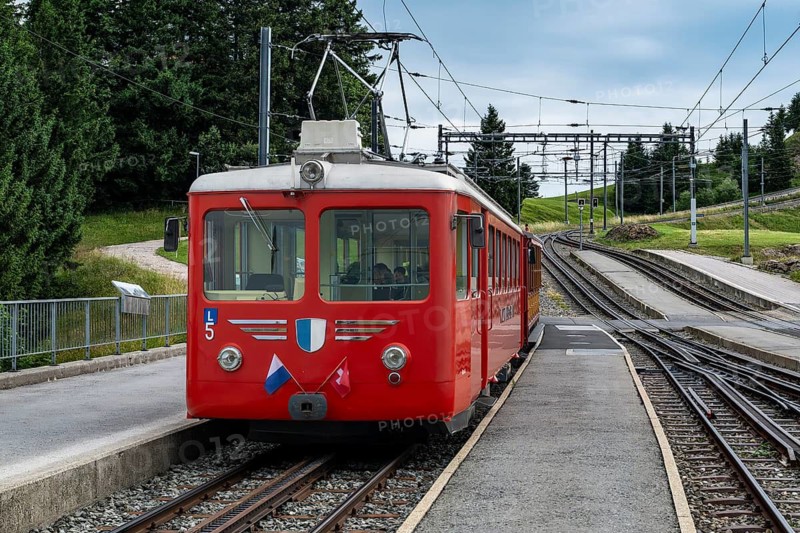 Vitznau Rigi Railway historic railcar 1965 with Rigi Kulm in the background, Rigi Staffel, Arth, Switzerland