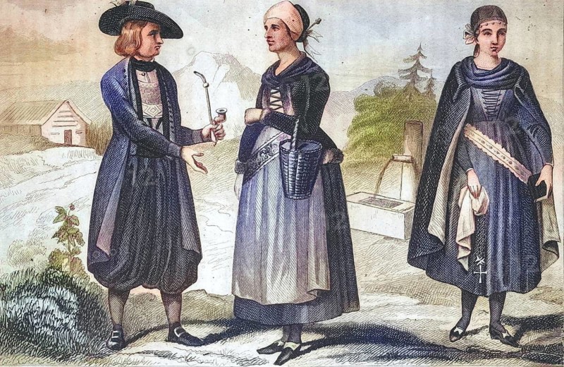 Traditional clothing styles and culture from the 19th century. Czech Republic, residents of Prague, illustration, reproduction from a model from the 19th authentic, file restored for optimal use, exact date of original unknown, historical, nostalgically colored