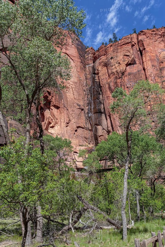 Light flow at the Temple of Sinawava waterfall in Zion National Park, Utah