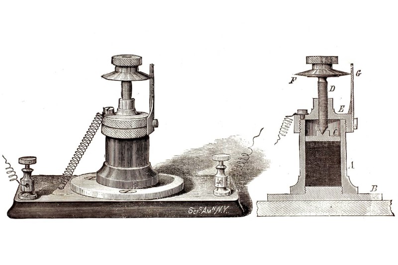 Charcoal rheostate by Thomas Alva Edison. This instrument served as a precisely adjustable electrical resistance. It exploited the physical principle that the electrical resistance of coal changes under mechanical pressure, illustration, reproduction from a 19th-century original. Authentic, file restored for optimal use, exact date of submission unknown, historical