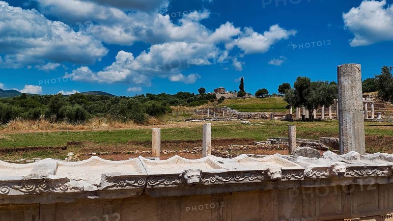 Temple of Messene, ancient ruined landscape with columns under blue sky in a natural setting, ancient site, archaeological site, Messene, Messini, Messinia, southwest of the Peloponnese, odyssey, Odyssey, Odysseus, Ulysses, film, filming location, Matt Damon, Peloponnese, peninsula, Greece