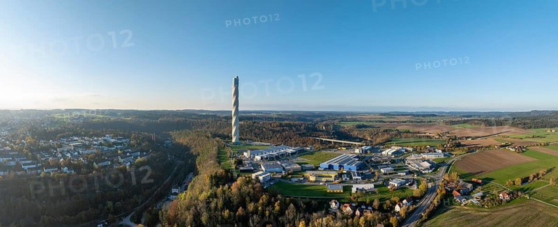 Aerial view, panorama from the 246 metre high TK-Elevator test tower of Thyssenkrupp AG, lift test tower for express and high-speed lifts. Germany's highest viewing platform, Rottweil, Baden-Württemberg, Germany