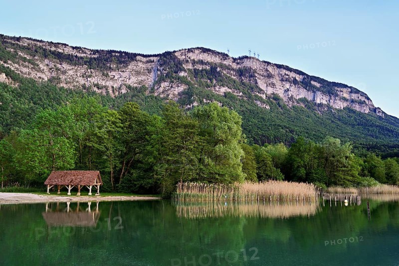 Lac d'Aiguebelette Large natural lake, at the foot of the Épine Mountains, Aiguebelette-le-Lac, Savoie Department, France