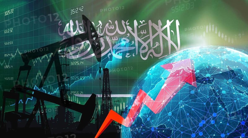 Global oil growth with Saudi flag. International oil exports with Saudi Arabia flag on the economic chart