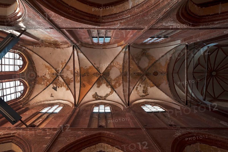Ceiling vault of St Georgen, Gothic brick building of the 14th century, under reconstruction, Wismar, Mecklenburg-Vorpommern, Germany