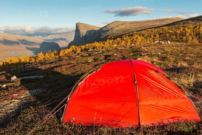 Tent in mountain landscape, Sarek National Park, World Heritage Laponia, Norrbotten, Lapland, Sweden, Sweden, Scandinavia