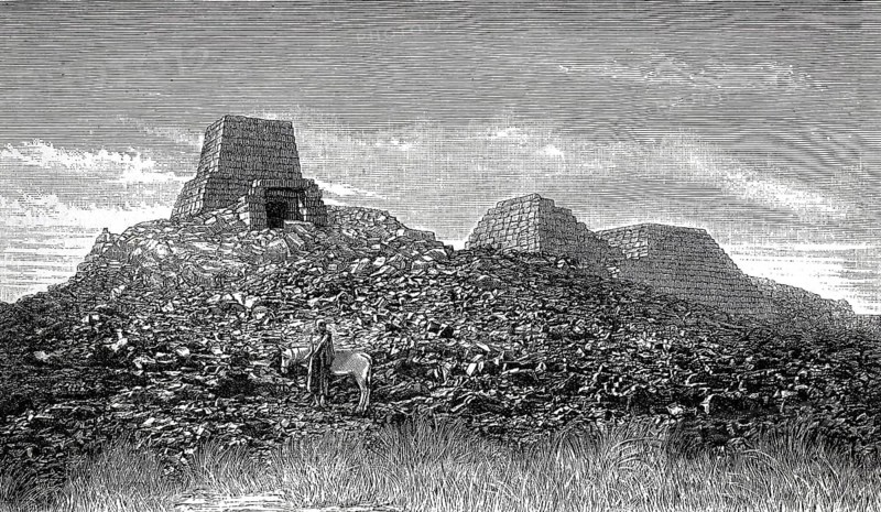 The pyramids near Begrawiya, Begranieh or Begarawiyah, historically Meroe in Sudan, a necropolis that served as a cemetery for the rulers of the ancient Kushite Empire of Meroe, 1896, illustration, reproduction from a model from the 19th century. Authentic, file restored for optimal use, exact date of original unknown, historic, old ruins on hilly terrain