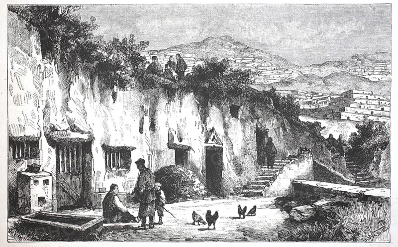 Underground dwellings in the Loess area of Huang-ho, Yellow River, in the Bayan Har Mountains, 1896, China, illustration, reproduction from a 19th century model. Authentic, file restored for optimal use, exact date of submission unknown, historical
